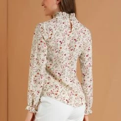 Allegra K Women's Smocked Ruffled Neck Long Sleeve Floral Vintage Blouse