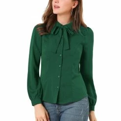 Allegra K Women's Button Down Shirt Peter Pan Collar Long Sleeve Bow Tie Neck Blouse
