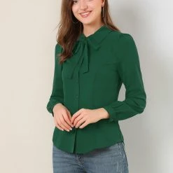Allegra K Women's Button Down Shirt Peter Pan Collar Long Sleeve Bow Tie Neck Blouse