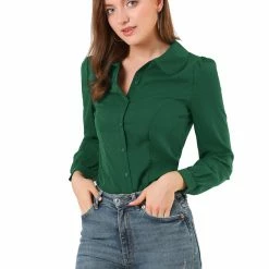 Allegra K Women's Button Down Shirt Peter Pan Collar Long Sleeve Bow Tie Neck Blouse