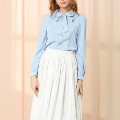 Allegra K Women's Button Down Shirt Peter Pan Collar Long Sleeve Bow Tie Neck Blouse