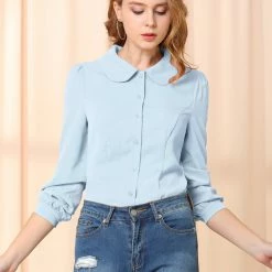 Allegra K Women's Button Down Shirt Peter Pan Collar Long Sleeve Bow Tie Neck Blouse