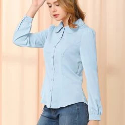 Allegra K Women's Button Down Shirt Peter Pan Collar Long Sleeve Bow Tie Neck Blouse