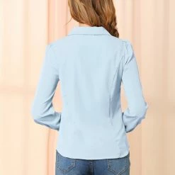 Allegra K Women's Button Down Shirt Peter Pan Collar Long Sleeve Bow Tie Neck Blouse