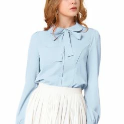 Allegra K Women's Button Down Shirt Peter Pan Collar Long Sleeve Bow Tie Neck Blouse