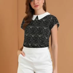 Allegra K Women's Irregular Polka Dot Blouse Flare Sleeve Contrast Collar Top Shirt