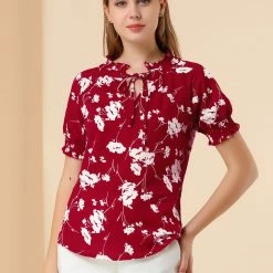Allegra K Women's Ruffle Tie V Neck Casual Smocked Short Sleeve Floral Top Blouse