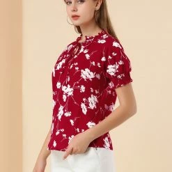Allegra K Women's Ruffle Tie V Neck Casual Smocked Short Sleeve Floral Top Blouse