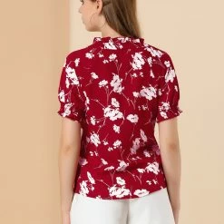 Allegra K Women's Ruffle Tie V Neck Casual Smocked Short Sleeve Floral Top Blouse