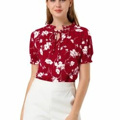 Allegra K Women's Ruffle Tie V Neck Casual Smocked Short Sleeve Floral Top Blouse