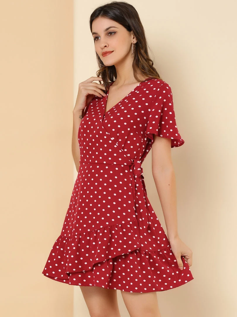 Allegra K Women's Wrap V Neck Ruffled Flutter Sleeves Belted Printed Flowy Dress 5 Allegra K Women's Wrap V Neck Ruffled Flutter Sleeves Belted Printed Flowy Dress