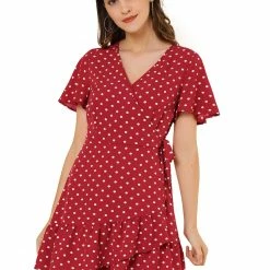 Allegra K Women's Wrap V Neck Ruffled Flutter Sleeves Belted Printed Flowy Dress