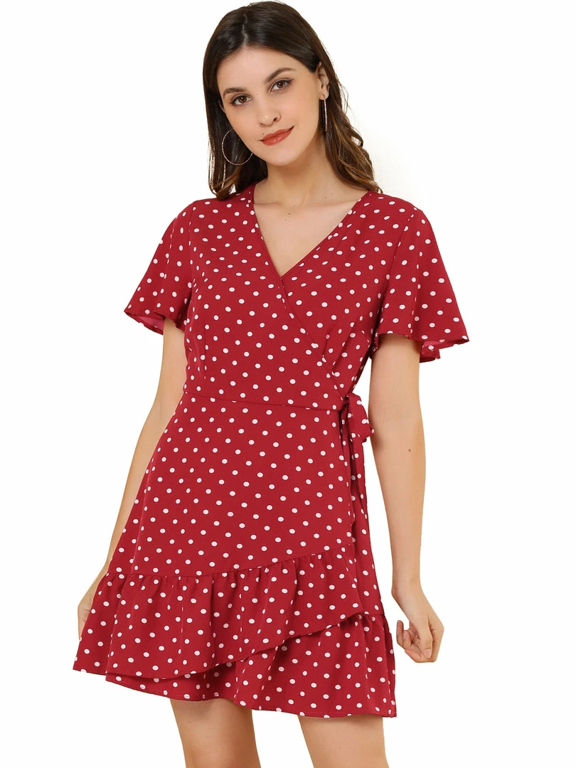 Allegra K Women's Wrap V Neck Ruffled Flutter Sleeves Belted Printed Flowy Dress 4 Allegra K Women's Wrap V Neck Ruffled Flutter Sleeves Belted Printed Flowy Dress