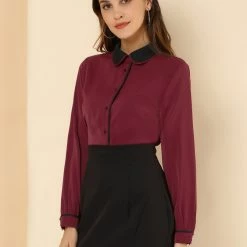 Allegra K Women's Peter Pan Collar Shirt Long Sleeve Vintage Work Button Down Blouse Top