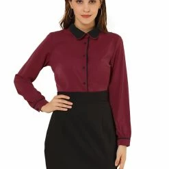 Allegra K Women's Peter Pan Collar Shirt Long Sleeve Vintage Work Button Down Blouse Top