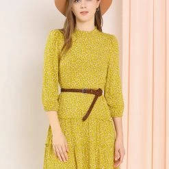 Allegra K Women's Ruffle Neck 3/4 Sleeve A-Line Vintage Floral Tiered Dress