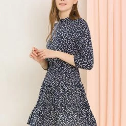 Allegra K Women's Ruffle Neck 3/4 Sleeve A-Line Vintage Floral Tiered Dress