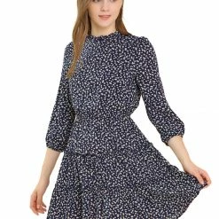 Allegra K Women's Ruffle Neck 3/4 Sleeve A-Line Vintage Floral Tiered Dress