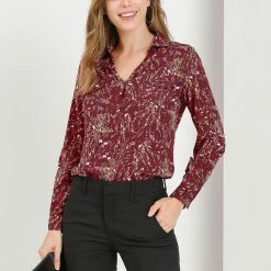 Allegra K Women's Pleated V-neck Long Sleeve Floral Faux Pocket Shirt Blouse