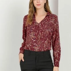 Allegra K Women's Pleated V-neck Long Sleeve Floral Faux Pocket Shirt Blouse