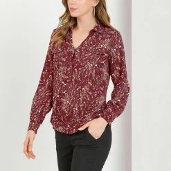 Allegra K Women's Pleated V-neck Long Sleeve Floral Faux Pocket Shirt Blouse