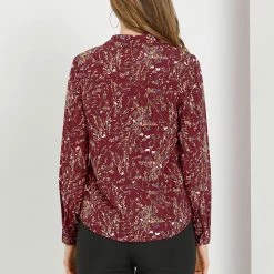 Allegra K Women's Pleated V-neck Long Sleeve Floral Faux Pocket Shirt Blouse