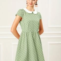 Allegra K Peter Pan Collar Contrast Polka Dot Dress Women
