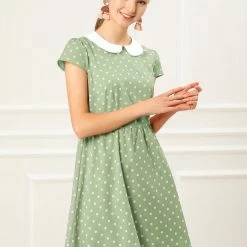 Allegra K Peter Pan Collar Contrast Polka Dot Dress Women
