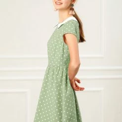 Allegra K Peter Pan Collar Contrast Polka Dot Dress Women