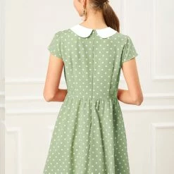 Allegra K Peter Pan Collar Contrast Polka Dot Dress Women
