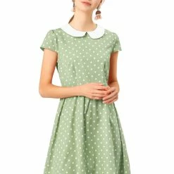 Allegra K Peter Pan Collar Contrast Polka Dot Dress Women