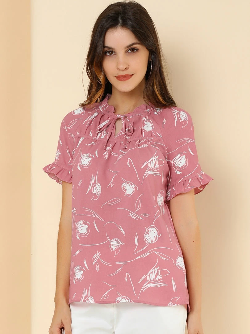 Allegra K Women's Floral Tie Neck Ruffle Short Sleeves Peasant Blouse Top 11 Allegra K Women's Floral Tie Neck Ruffle Short Sleeves Peasant Blouse Top