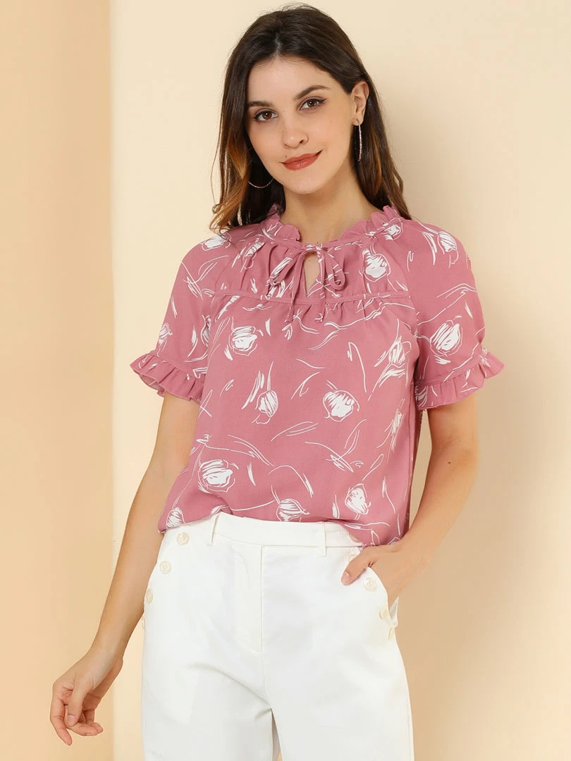 Allegra K Women's Floral Tie Neck Ruffle Short Sleeves Peasant Blouse Top 12 Allegra K Women's Floral Tie Neck Ruffle Short Sleeves Peasant Blouse Top