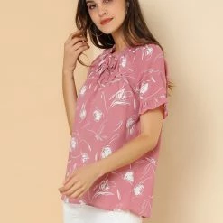Allegra K Women's Floral Tie Neck Ruffle Short Sleeves Peasant Blouse Top 37 Allegra K Women's Floral Tie Neck Ruffle Short Sleeves Peasant Blouse Top