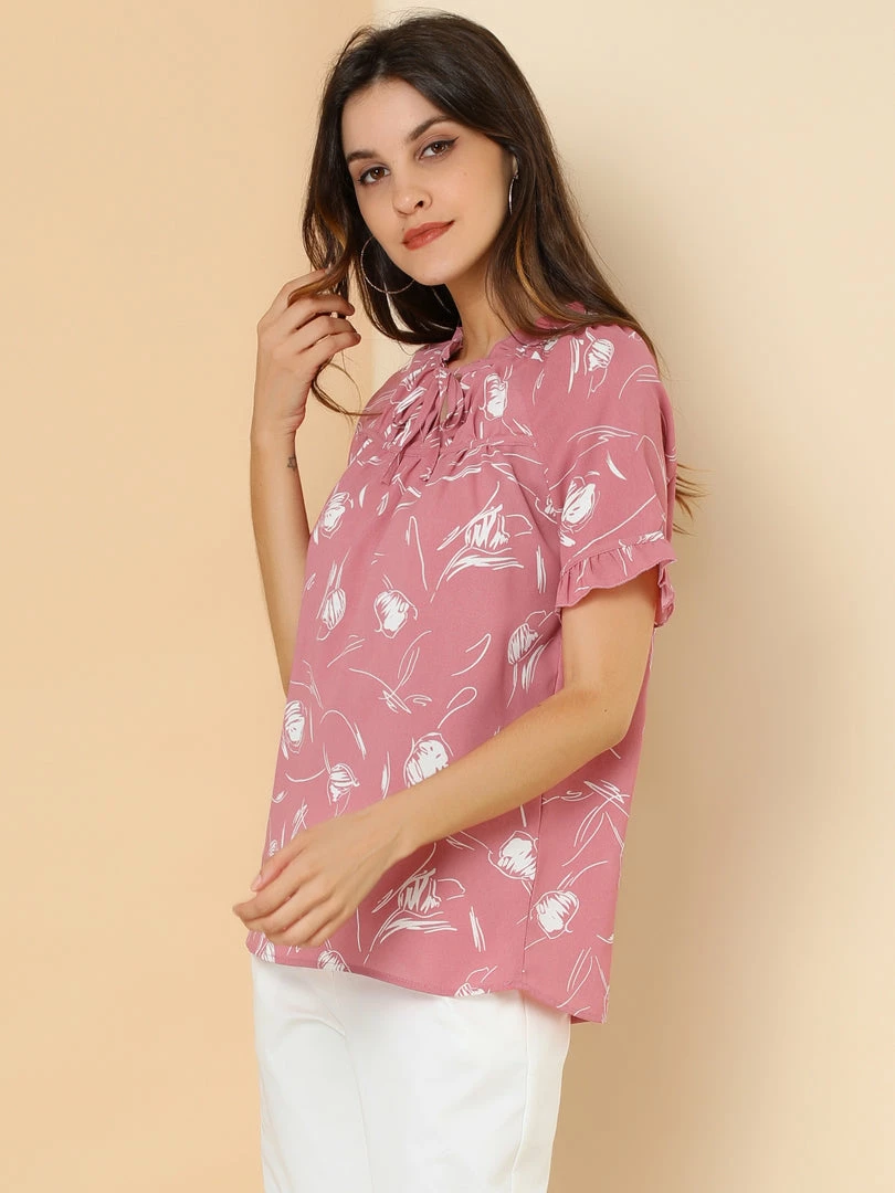 Allegra K Women's Floral Tie Neck Ruffle Short Sleeves Peasant Blouse Top 13 Allegra K Women's Floral Tie Neck Ruffle Short Sleeves Peasant Blouse Top
