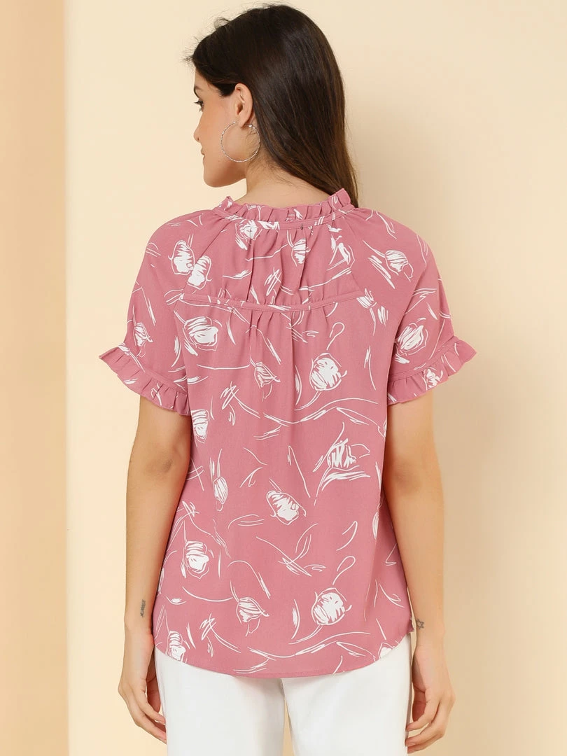 Allegra K Women's Floral Tie Neck Ruffle Short Sleeves Peasant Blouse Top 14 Allegra K Women's Floral Tie Neck Ruffle Short Sleeves Peasant Blouse Top