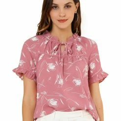 Allegra K Women's Floral Tie Neck Ruffle Short Sleeves Peasant Blouse Top 34 Allegra K Women's Floral Tie Neck Ruffle Short Sleeves Peasant Blouse Top