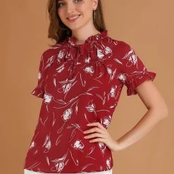 Allegra K Women's Floral Tie Neck Ruffle Short Sleeves Peasant Blouse Top 29 Allegra K Women's Floral Tie Neck Ruffle Short Sleeves Peasant Blouse Top