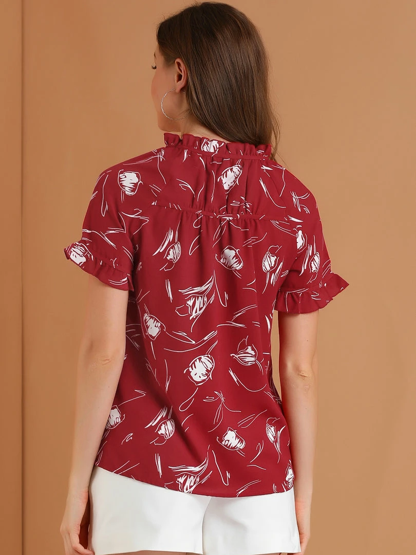 Allegra K Women's Floral Tie Neck Ruffle Short Sleeves Peasant Blouse Top 8 Allegra K Women's Floral Tie Neck Ruffle Short Sleeves Peasant Blouse Top