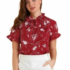 Allegra K Women's Floral Tie Neck Ruffle Short Sleeves Peasant Blouse Top