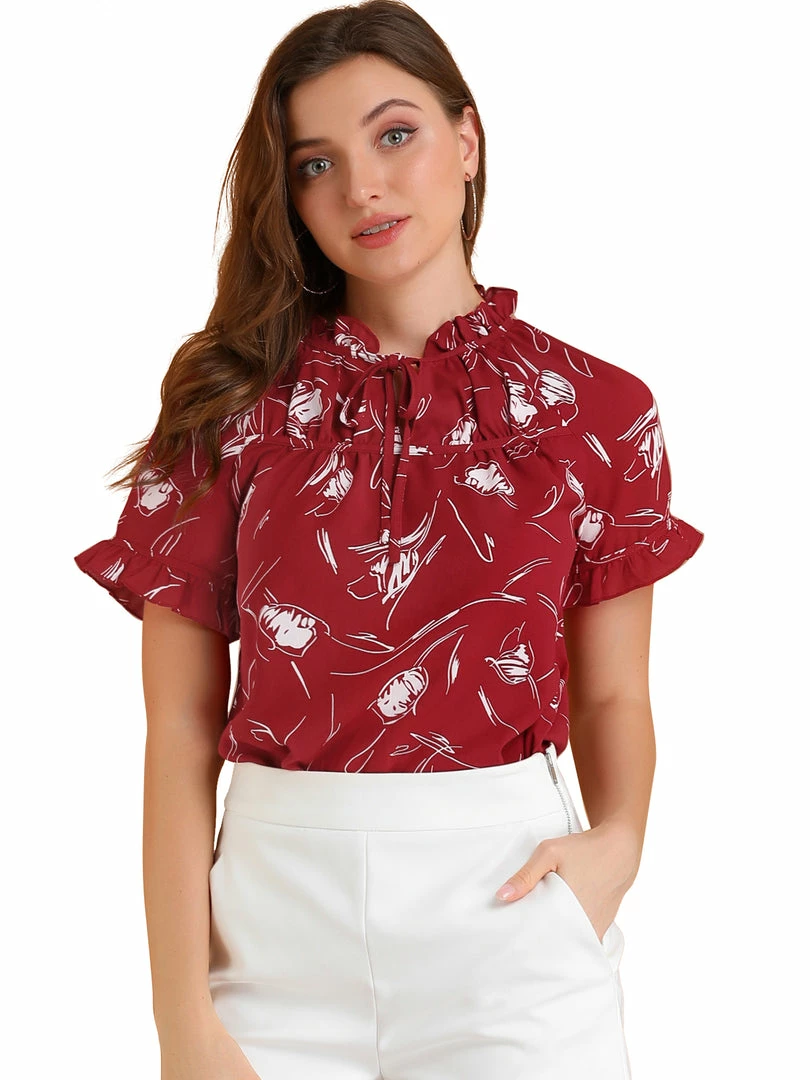 Allegra K Women's Floral Tie Neck Ruffle Short Sleeves Peasant Blouse Top 4 Allegra K Women's Floral Tie Neck Ruffle Short Sleeves Peasant Blouse Top
