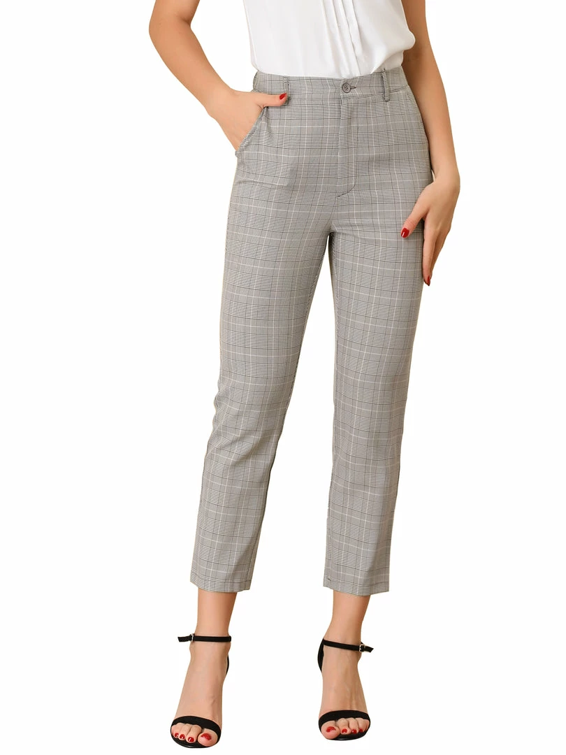 Allegra K Women's High Waisted Work Elastic Back Ankle Plaid Pants 9 Allegra K Women's High Waisted Work Elastic Back Ankle Plaid Pants