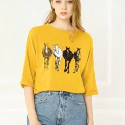 Allegra K Drop Shoulder 3/4 Sleeves Horse Print Loose Top 63 Allegra K Drop Shoulder 3/4 Sleeves Horse Print Loose Top