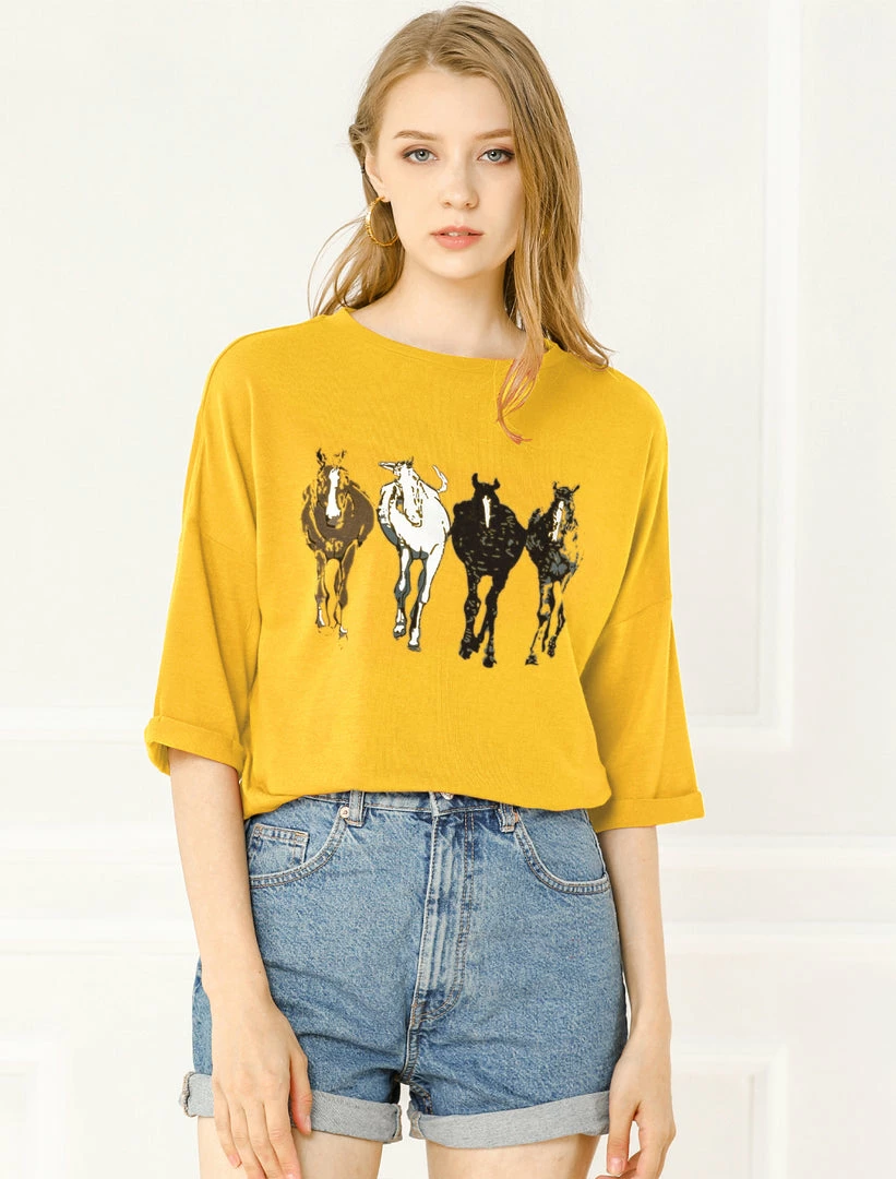Allegra K Drop Shoulder 3/4 Sleeves Horse Print Loose Top 16 Allegra K Drop Shoulder 3/4 Sleeves Horse Print Loose Top