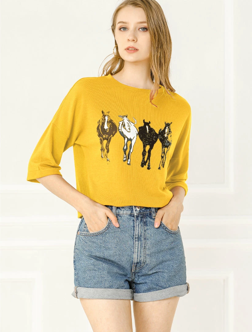 Allegra K Drop Shoulder 3/4 Sleeves Horse Print Loose Top 17 Allegra K Drop Shoulder 3/4 Sleeves Horse Print Loose Top