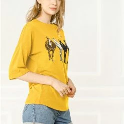 Allegra K Drop Shoulder 3/4 Sleeves Horse Print Loose Top 65 Allegra K Drop Shoulder 3/4 Sleeves Horse Print Loose Top