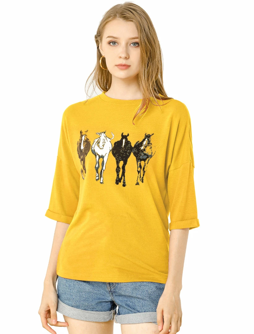 Allegra K Drop Shoulder 3/4 Sleeves Horse Print Loose Top 15 Allegra K Drop Shoulder 3/4 Sleeves Horse Print Loose Top