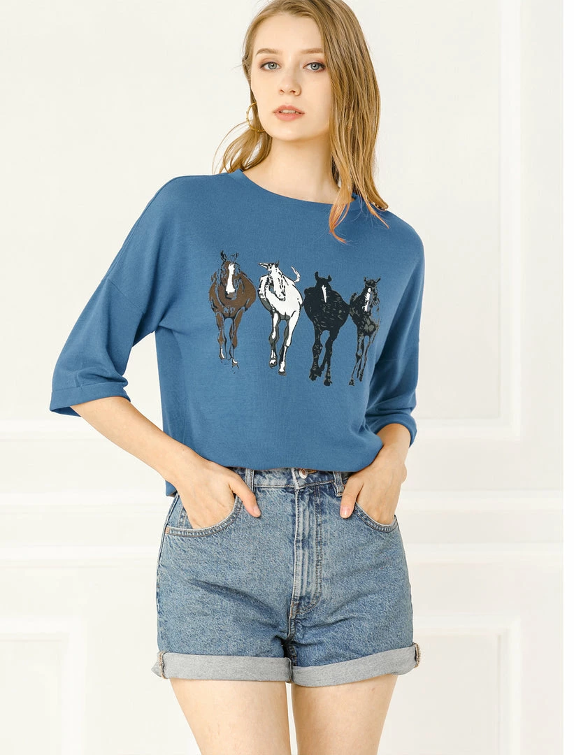 Allegra K Drop Shoulder 3/4 Sleeves Horse Print Loose Top 11 Allegra K Drop Shoulder 3/4 Sleeves Horse Print Loose Top