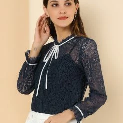 Allegra K Women's Lace Top Floral Semi Sheer Long Sleeve Button Down Office Business Blouse