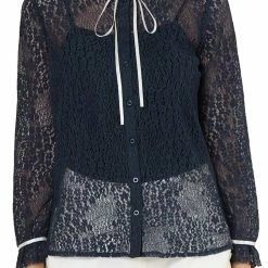 Allegra K Women's Lace Top Floral Semi Sheer Long Sleeve Button Down Office Business Blouse